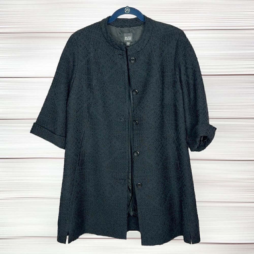 Eileen Fisher Textured Black Wool Swing Coat Silk Lined 3/4 Sleeve Band Collar S